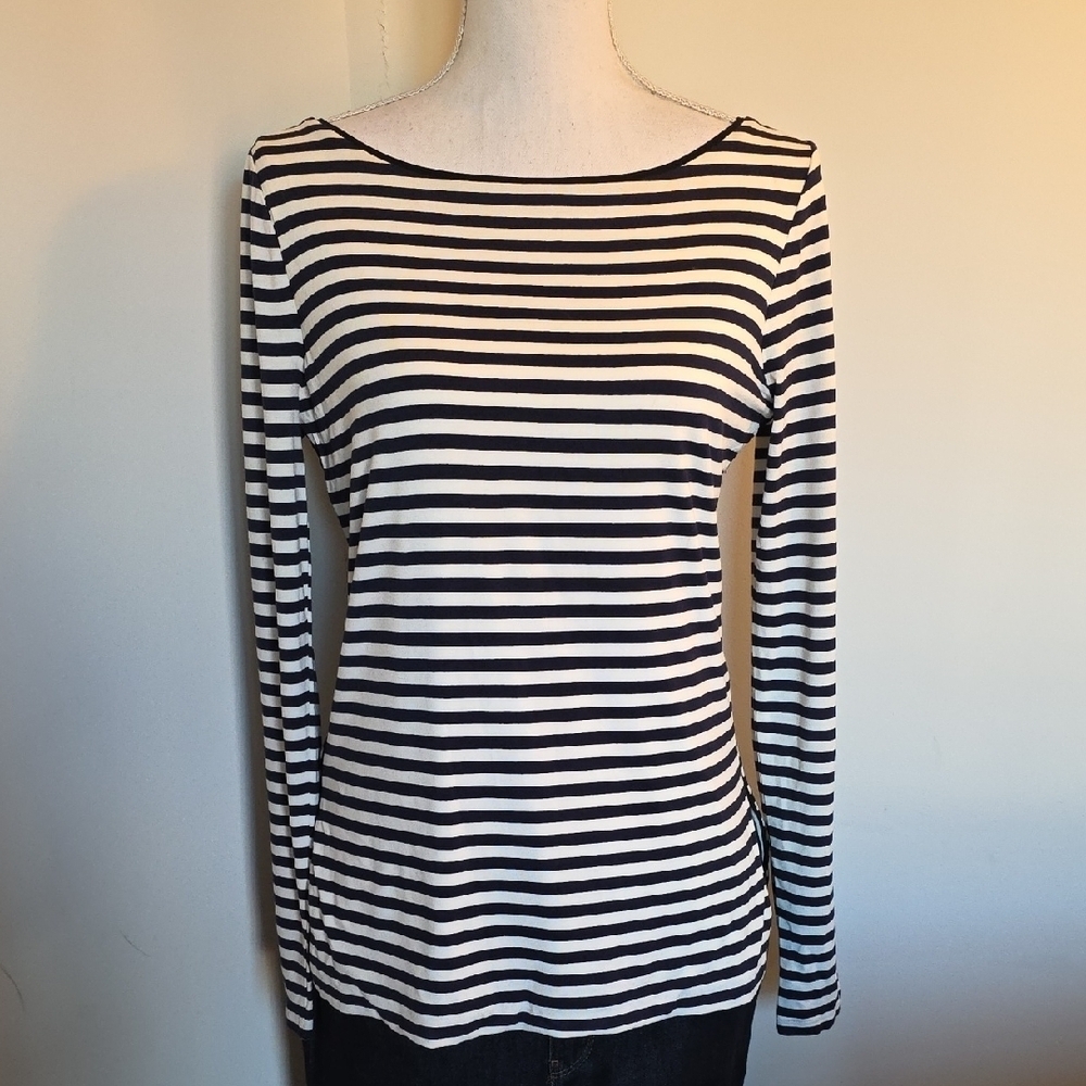 White House Black Market Navy and White Striped Long Sleeve Tee